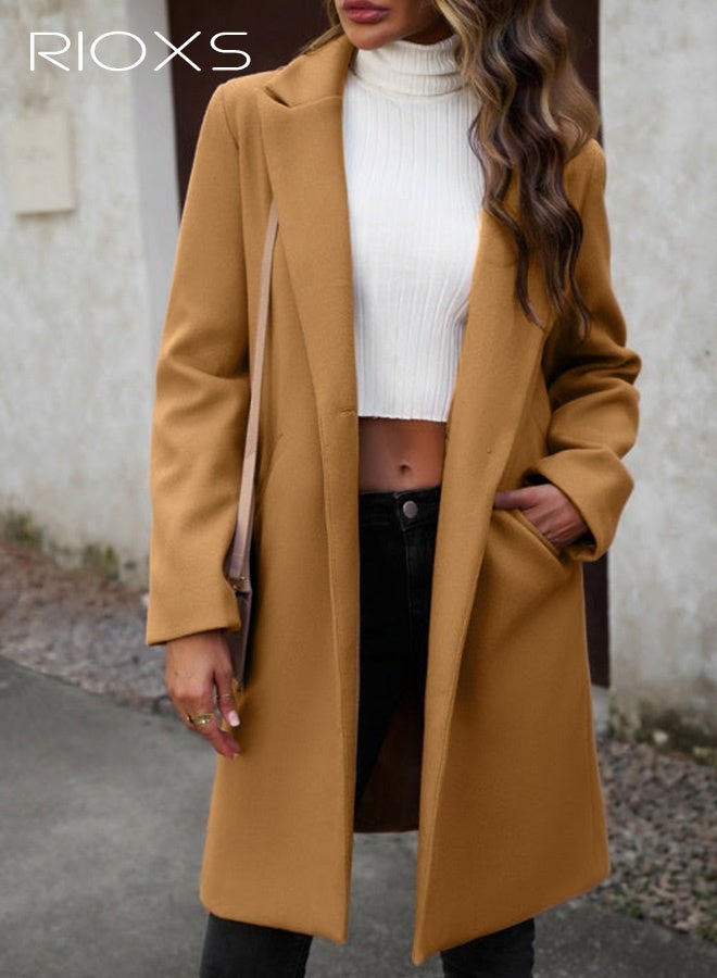 RIOXS Women's Notch Lapel Button Wool Blend Mid Long Coat, Stylish Warm Tweed Over Coat  Long Jacket with One Button and 2 Pockets, Winter Midi Long Pea Coat, Good for Street, Dating, Work, Office, Shopping or Everyday Wear, Dark Brown - Image 4